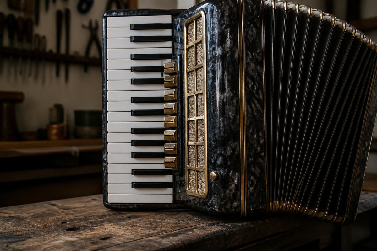 Model fields and families: original editorial photograph with an Italian accordion