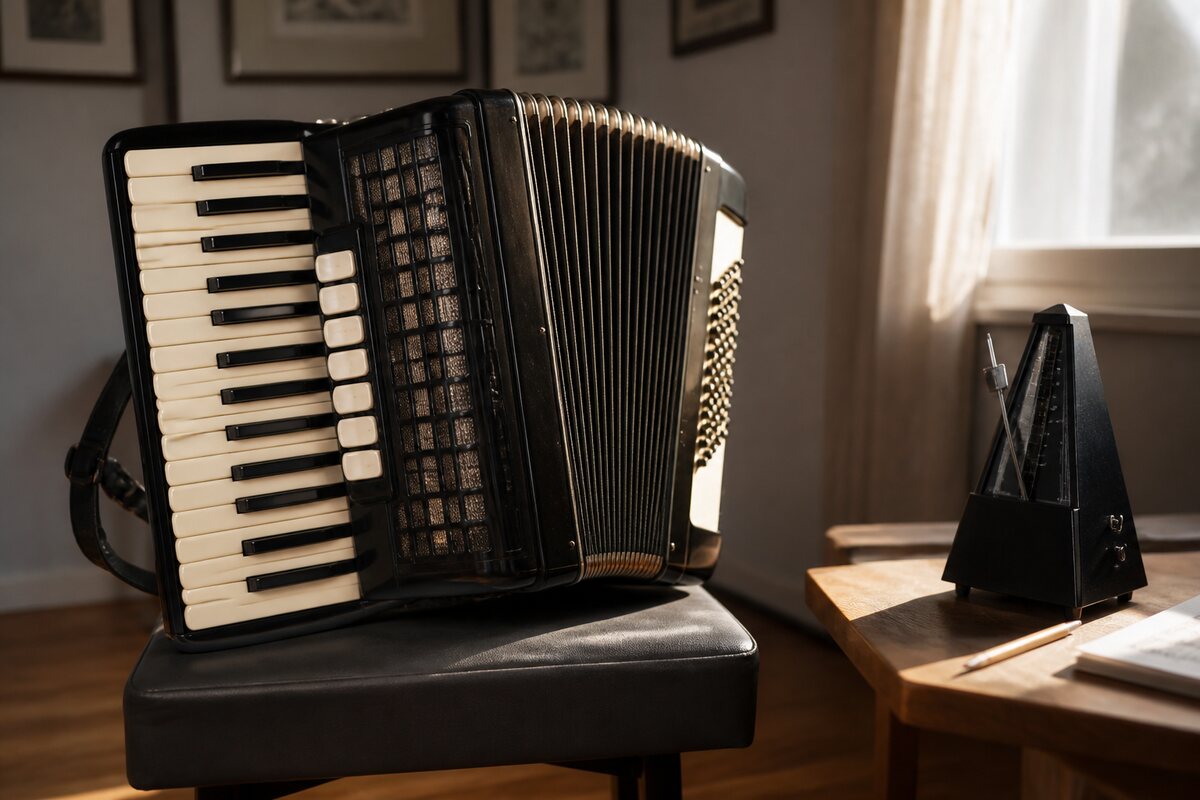 Left-hand patterns and regional rhythm: original editorial photograph for the Italian accordion reference